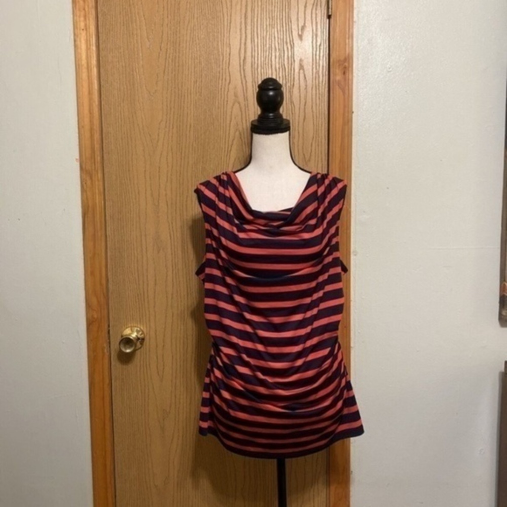Ann Taylor Large Red & Blue w/Stripes Sleeveless Cowl Neck Blouse - EUC